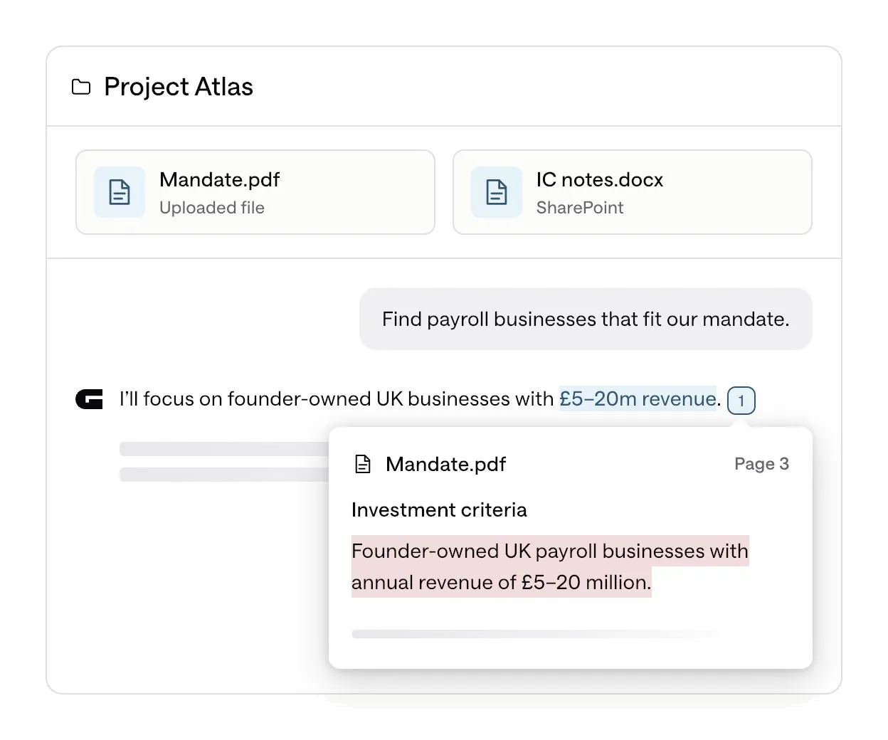 Project with an uploaded mandate and a SharePoint document, with a citation to page 3